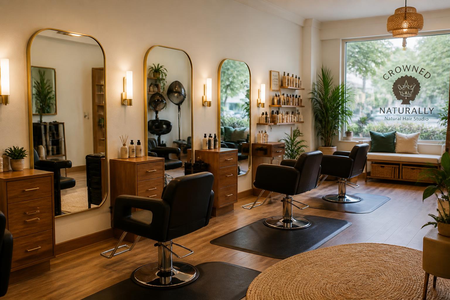 Warm, plant-filled loc salon interior with styling chairs