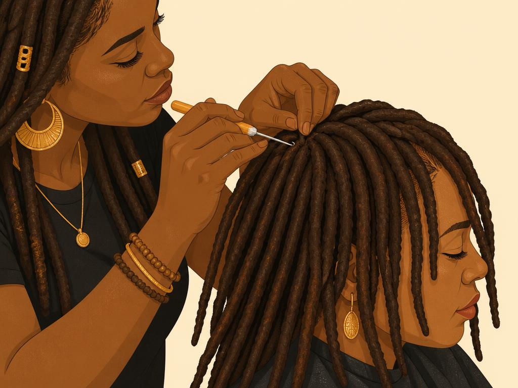 Loctician using a fine crochet latch hook on a loc root