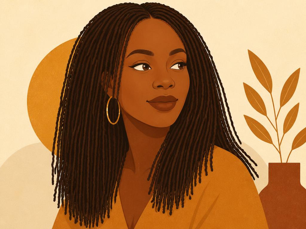 Woman with fine sisterlocks styled in soft curls in warm light